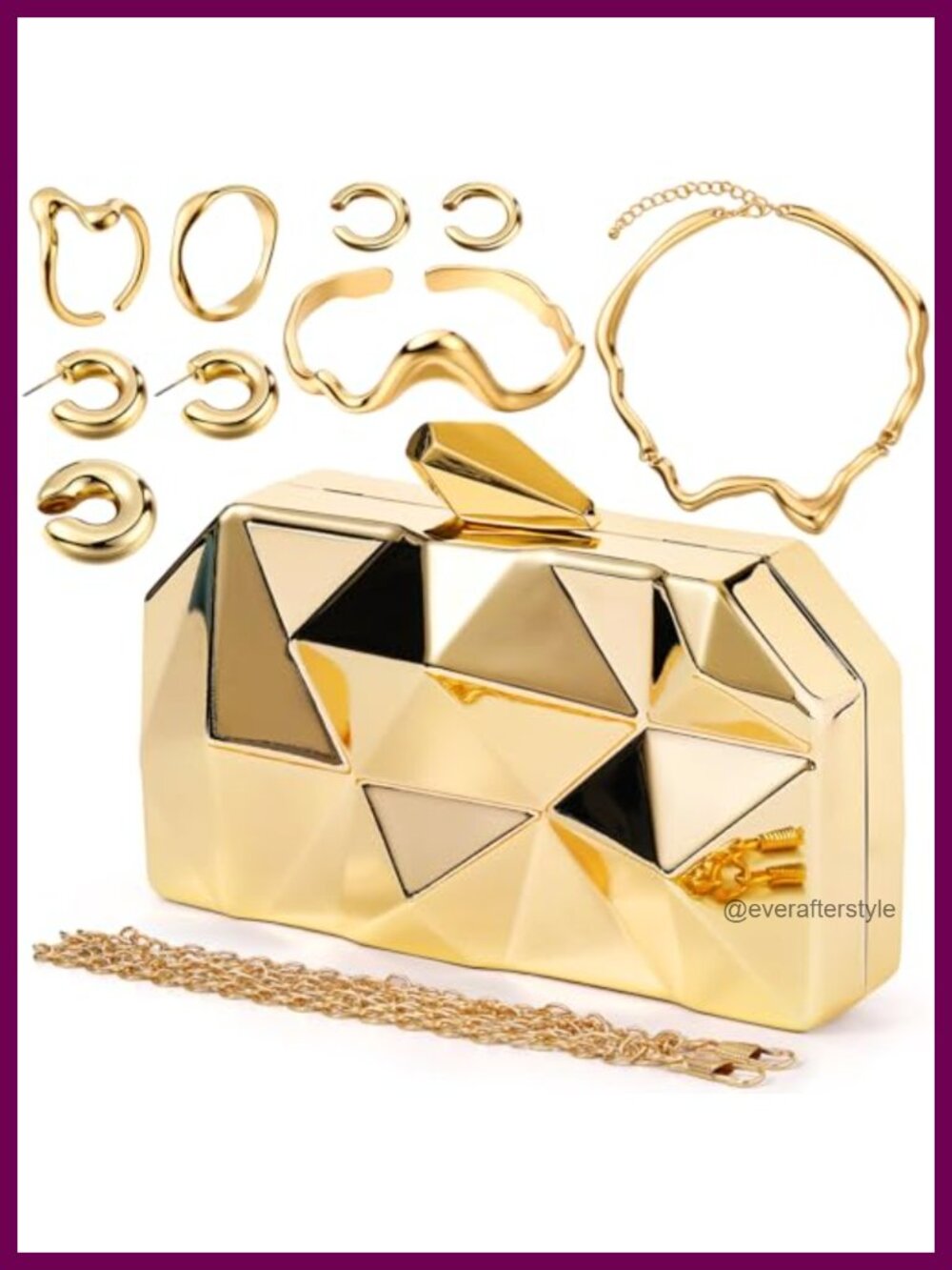 Metallic Clutch Purse & Jewelry Set Evening Bag Necklace Earrings Rings Bracelet